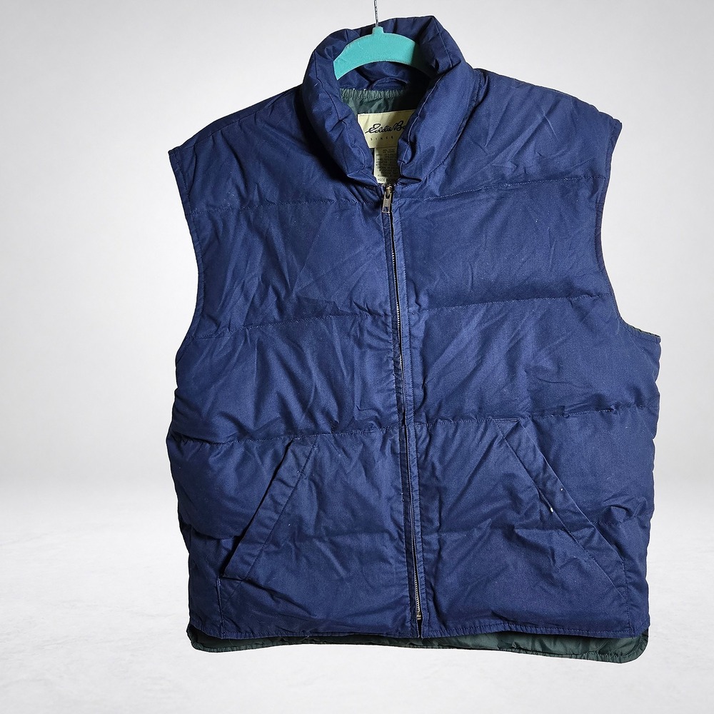 Eddie Bauer Mens L Navy Blue Goose Down Puffer Vest Full Zip Quilted Pockets